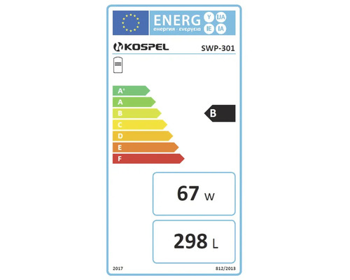 Étiquette énergie européenne pour Kospel SWP-301 avec classe d efficacité énergétique B, pertes statiques 67 Watt et volume de stockage 298 litres.