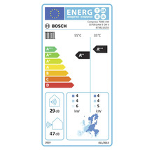 Bosch Logo. Europäisches Energielabel für Wärmepumpe Compress 7000i AW, Klasse A+++ bei 35 Grad und A++ bei 55 Grad Celsius, 29 und 47 Dezibel.