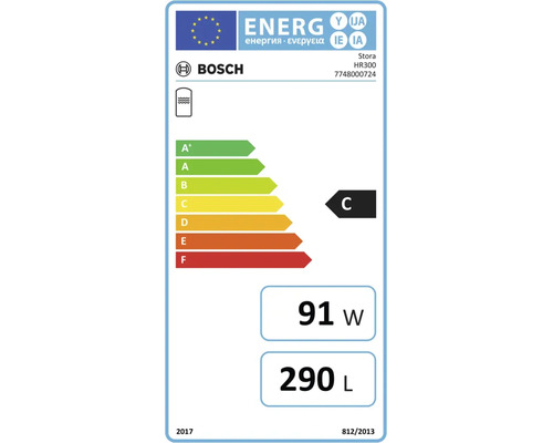 Bosch Logo. EU-Energielabel für Warmwasserspeicher Stora HR300. Energieeffizienzklasse C, Warmhalteverlust 91 Watt, Volumen 290 Liter.