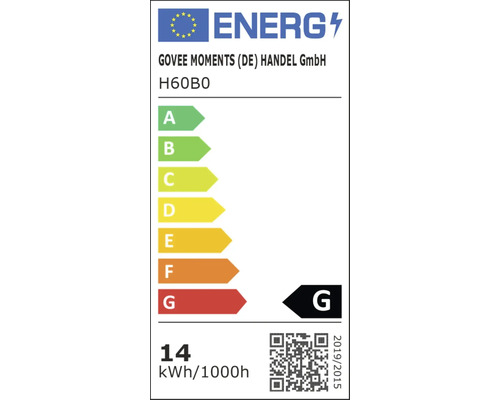 Étiquette énergétique pour Govee Moments H60B0, classe d efficacité énergétique G, 14 kilowattheures pour 1000 heures.