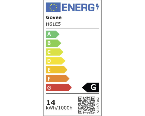 Label énergétique européen Govee H61E5 classe d efficacité énergétique G avec 14 kilowattheures pour 1000 heures.
