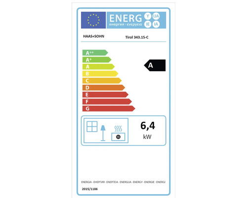 Étiquette énergie UE Haas+Sohn Tirol 343.15-C, classe d efficacité énergétique A, puissance thermique 6,4 kilowatts.