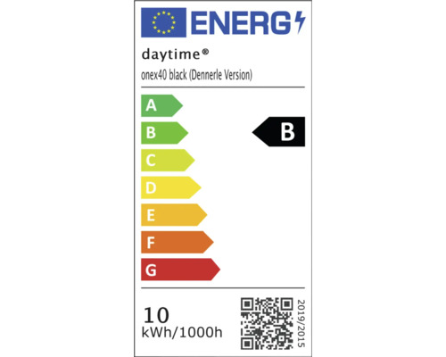 Étiquette énergétique UE pour daytime onex40 black Dennerle Version, classe d'efficacité énergétique B, consommation 10 kilowattheures par 1000 heures.