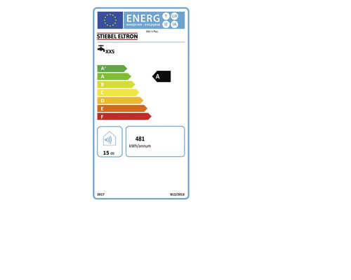Étiquette énergétique UE, Stiebel Eltron SNU 5 Plus, classe énergétique A, profil de soutirage XXS, 481 kilowatt-heures par an, 15 décibels.