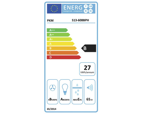 Étiquette énergétique UE pour hotte PKM S13-60BBPH avec classe d'efficacité énergétique B, 27 kilowattheures par an et 65 décibels.