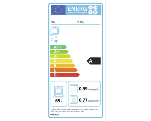 Étiquette énergie four PKM F7-2SA. Classe A, 65 litres. Consommation 0,99 conventionnelle et 0,77 chaleur tournante Kilowattheures par cycle.