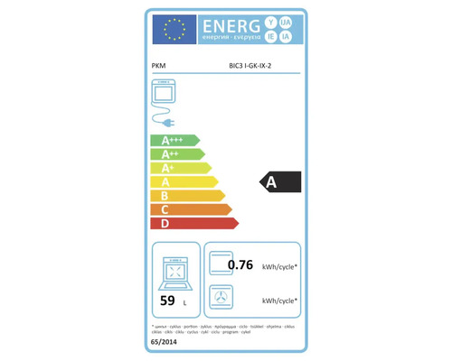 Étiquette énergie UE pour four PKM BIC3 I-GK-IX-2, classe d'efficacité énergétique A, consommation 0.76 kilowattheure par cycle, volume 59 litres.