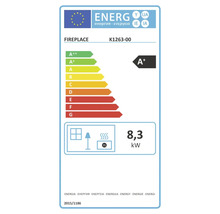 Étiquette énergétique de l'Union européenne pour cheminée K1263-00, classe d'efficacité énergétique A plus, puissance thermique 8,3 kilowatts.