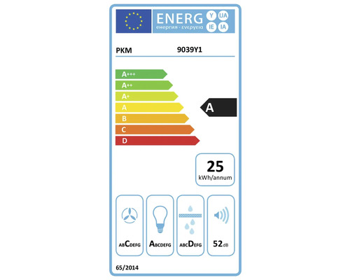 EU-Energielabel für PKM 9039Y1 Dunstabzugshaube, Energieeffizienzklasse A, 25 Kilowattstunden pro Jahr, 52 Dezibel.