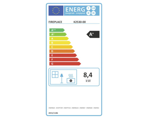 Étiquette énergétique pour poêle Fireplace K2530-00, classe d'efficacité énergétique A plus, puissance thermique 8,4 kilowatt.