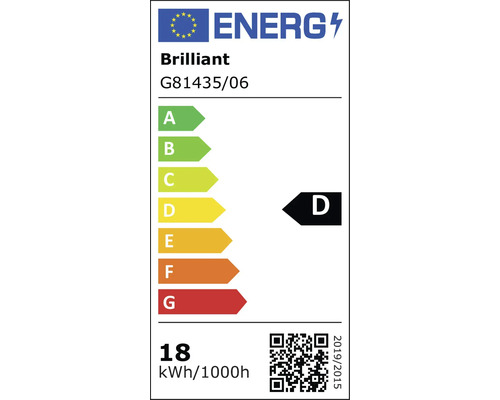 Étiquette énergie UE pour Brilliant G81435/06, classe d'efficacité énergétique D, consommation d'énergie 18 kilowattheures pour 1000 heures.