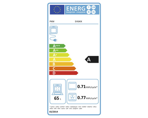 Europäisches Energielabel für Backofen PKM EHS4IX mit Energieeffizienzklasse A, einem Volumen von 65 Litern und Energieverbrauch pro Zyklus.