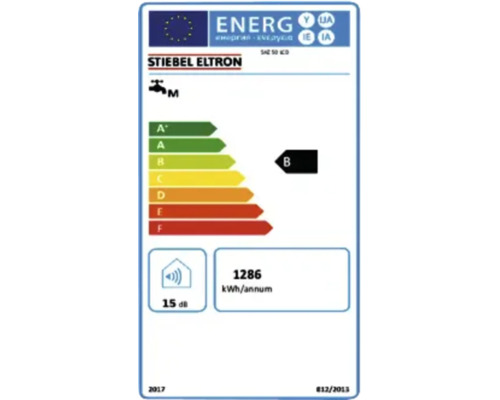 Étiquette énergie UE pour chauffe-eau Stiebel Eltron, classe d'efficacité énergétique B, 1286 kWh par an et 15 dB.