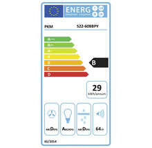 EU Energieeffizienzlabel für PKM S22 60BBPY Dunstabzugshaube mit Energieeffizienzklasse B und 29 Kilowattstunden pro Jahr Verbrauch.