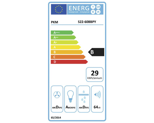 EU Energieeffizienzlabel für PKM S22 60BBPY Dunstabzugshaube mit Energieeffizienzklasse B und 29 Kilowattstunden pro Jahr Verbrauch.