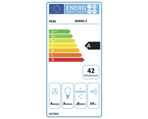 Étiquette énergie UE pour hotte aspirante PKM 8099IS Z avec classe énergétique A et consommation de 42 kilowattheures par an.
