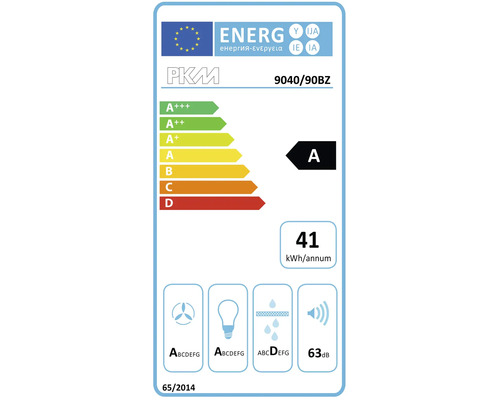 EU Energieeffizienzlabel fuer PKM Dunstabzugshaube 9040/90BZ mit Energieeffizienzklasse A und 41 Kilowattstunden pro Jahr Verbrauch.