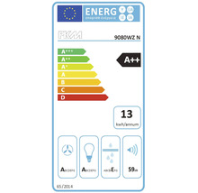 Étiquette énergie UE pour hotte aspirante PKM 9080WZ N, classe énergétique A++ et 13 kilowattheures par an.