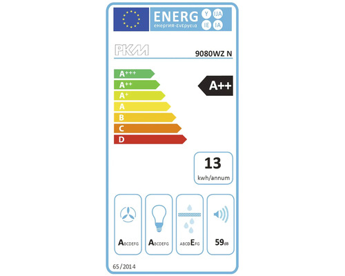 Étiquette énergie UE pour hotte aspirante PKM 9080WZ N, classe énergétique A++ et 13 kilowattheures par an.