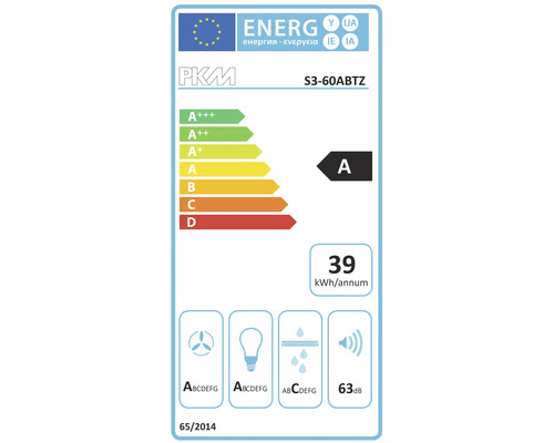 EU Energieeffizienzlabel für PKM S3-60ABTZ Dunstabzugshaube mit Energieeffizienzklasse A und 39 Kilowattstunden pro Jahr