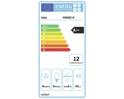 EU Energieeffizienzlabel für PKM 9080BZ N Dunstabzugshaube mit Effizienzklasse A++ und einem jährlichen Energieverbrauch von 12 Kilowattstunden.