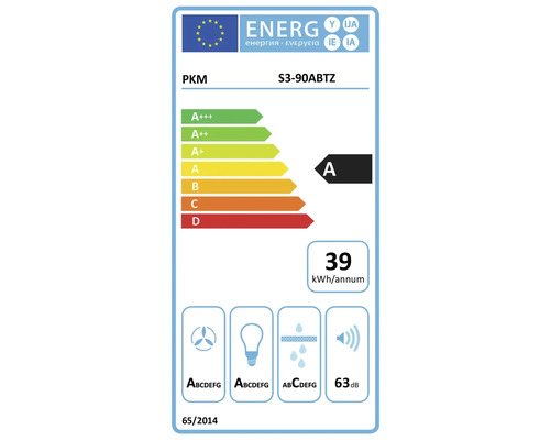 Etiquette energie EU pour hotte aspirante PKM S3-90ABTZ avec classe energetique A et 39 kilowattheures par an