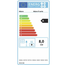 EU Energieeffizienzlabel für Aduro 9 Serie Kaminofen mit Energieeffizienzklasse A und 8,0 Kilowatt Heizleistung.