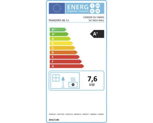 Étiquette énergie pour poêle Panadero Condor 3V, Andes 3V et Inca Wall avec classe d'efficacité énergétique A plus et 7,6 kilowatts.
