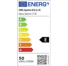 EU Energieeffizienzlabel fuer Juwel HeliaLux Spectrum 2.0 700 Aquarienbeleuchtung mit der Effizienzklasse E und Verbrauch von 50 kWh pro 1000h.