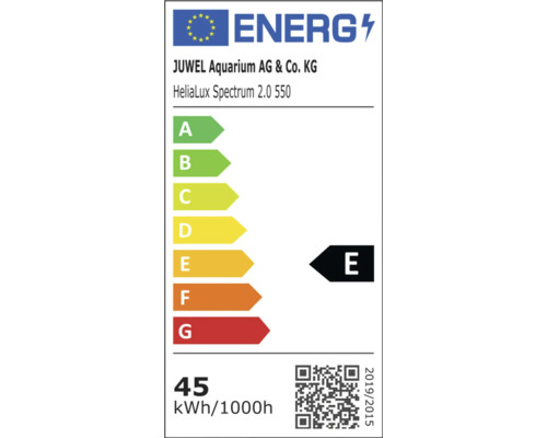 Energieeffizienzlabel fuer Juwel HeliaLux Spectrum 2.0 550 Aquariumbeleuchtung mit Klasse E und Energieverbrauch 45 Kilowattstunden pro 1000 Stunden