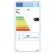 Étiquette énergie UE pour chauffe-eau instantané Clage CEX, classe A, consommation énergétique 468 kilowattheures par an et niveau sonore 15 décibels.