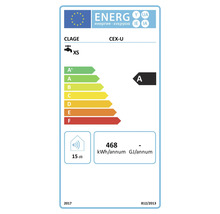 Étiquette d énergie pour chauffe-eau instantané Clage CEX U avec classe énergétique A et niveau sonore de 15 décibels