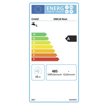 Étiquette énergétique pour chauffe-eau instantané Clage DBX18 Next avec classe énergétique A et niveau sonore de 15 décibels