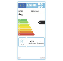 Étiquette énergétique pour chauffe-eau instantané Clage DLX18 Next, classe d'efficacité énergétique A et niveau sonore 15 décibels