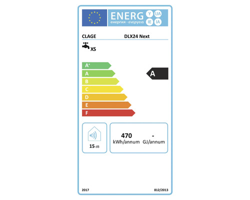Étiquette énergie UE pour chauffe-eau instantané Clage DLX24 Next avec classe énergétique A et niveau sonore de 15 décibels.
