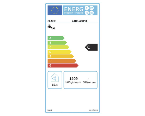Étiquette d'efficacité énergétique pour chauffe-eau Clage 4100-43850, classe C avec un niveau sonore de 15 décibels.