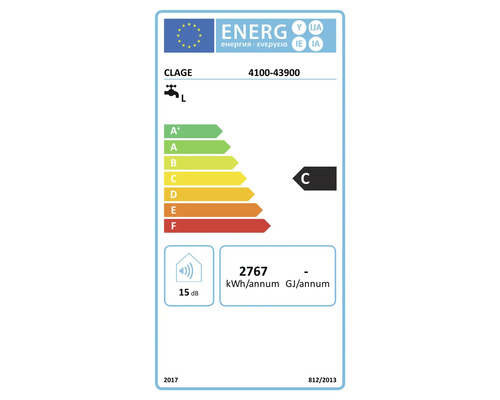Étiquette énergie UE pour chauffe-eau instantané Clage avec classe énergétique C et niveau sonore de 15 décibels