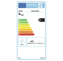 Étiquette énergie pour chauffe-eau instantané Clage modèle 4100-42055 avec classe d'efficacité énergétique A et 15 décibels.