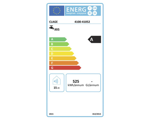 Étiquette énergie pour chauffe-eau instantané Clage de classe énergétique A et niveau sonore de 15 décibels