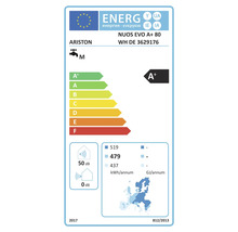 Étiquette énergie UE pour chauffe eau Ariston NUOS EVO A plus 80 avec classe d efficacité énergétique A plus et 50 décibels.