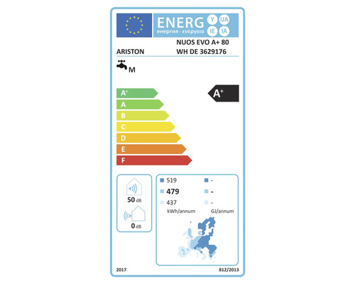 Étiquette énergie UE pour chauffe eau Ariston NUOS EVO A plus 80 avec classe d efficacité énergétique A plus et 50 décibels.