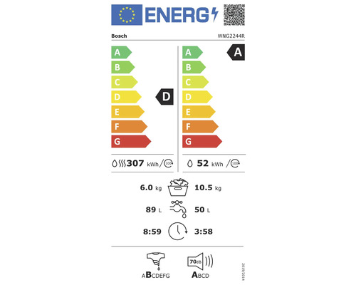 Étiquette énergie UE pour lave linge séchant Bosch WNG2244R avec classes d'efficacité énergétique A et D.