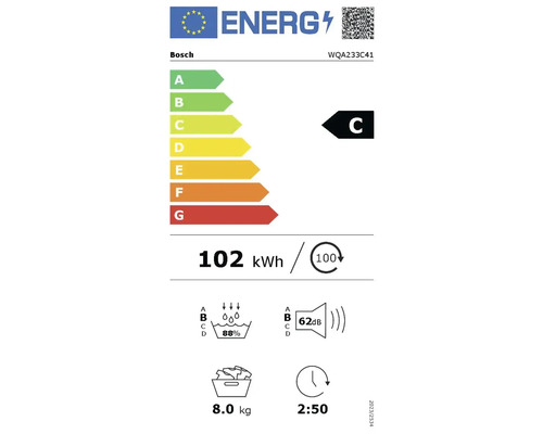 Étiquette énergie européenne pour le sèche-linge Bosch WQA233C41 avec classe d efficacité énergétique C et 102 kilowattheures par 100 cycles.