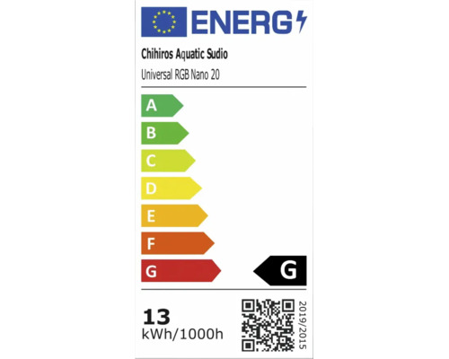 EU Energieeffizienzlabel für Chihiros Aquatic Studio Universal RGB Nano 20 Leuchte mit Energieeffizienzklasse G und 13 kWh pro 1000 Stunden