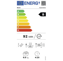 Étiquette énergie UE Bosch WQN246D41 classe B, consommation 92 kilowattheures pour 100 cycles, capacité 9 kilogrammes, 59 décibels.