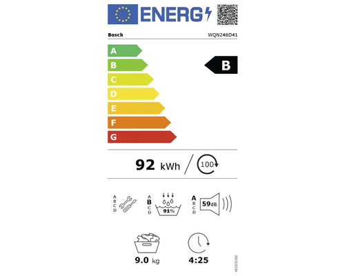 Étiquette énergie UE Bosch WQN246D41 classe B, consommation 92 kilowattheures pour 100 cycles, capacité 9 kilogrammes, 59 décibels.