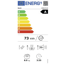 Étiquette énergie UE pour lave-linge Bosch WRB237C40, classe d'efficacité énergétique A, consommation 73 kilowattheures pour 100 cycles.