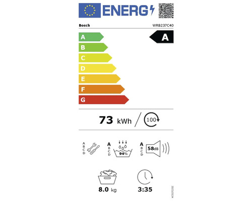 Étiquette énergie UE pour lave-linge Bosch WRB237C40, classe d'efficacité énergétique A, consommation 73 kilowattheures pour 100 cycles.