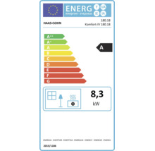 EU Energieeffizienzlabel für Haas und Sohn Kaminofen Komfort IV mit Energieeffizienzklasse A und 8,3 Kilowatt Wärmeleistung.