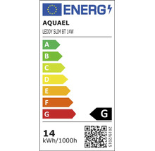 EU Energieeffizienzlabel für Aquael Leddy Slim BT 14 Watt Leuchte mit Effizienzklasse G und Stromverbrauch von 14 Kilowattstunden pro 1000 Stunden.
